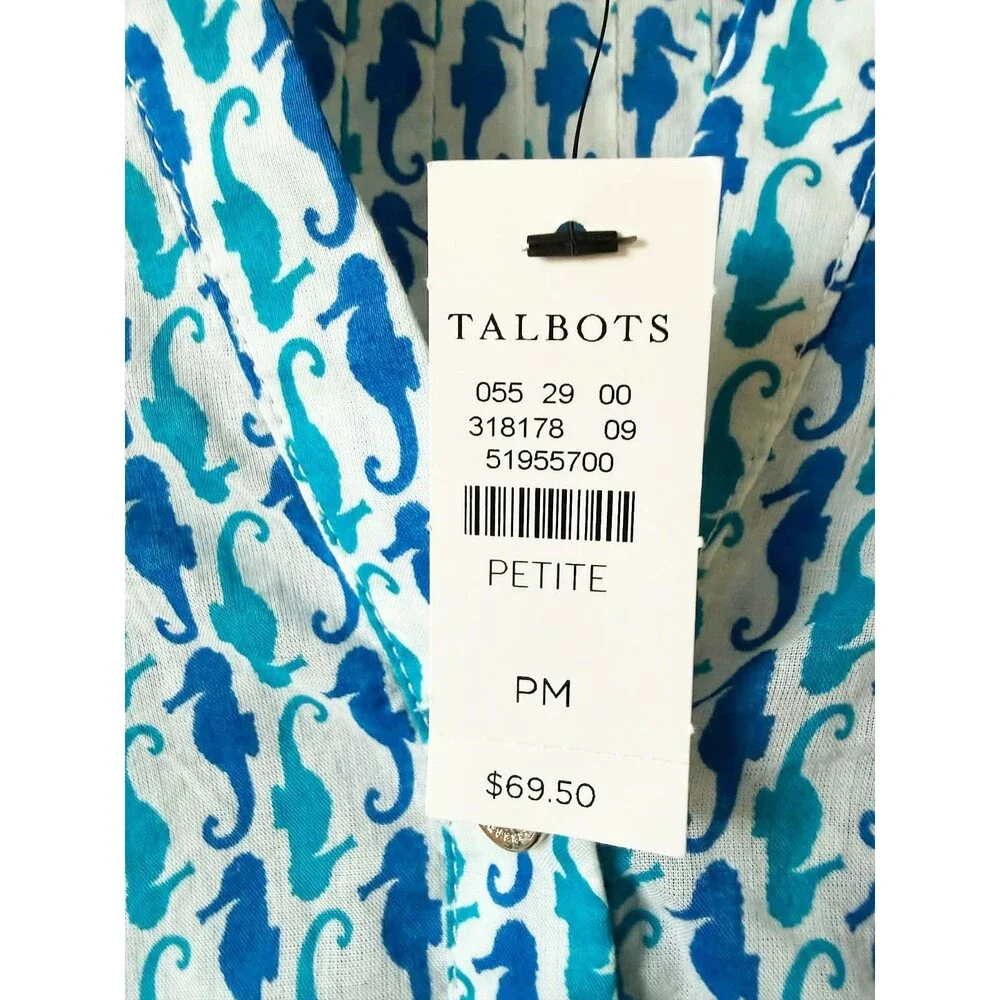 NWT TALBOTS MP Medium Petite Popover Tunic Top Seahorse Print Blue Beachy Cotton
